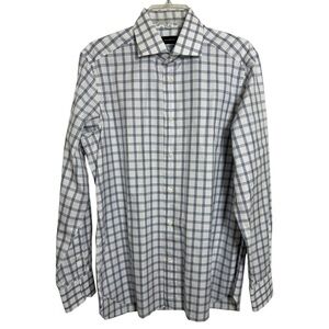Ermenegildo Zegna Checkered Button Dress Shirt Size 42 Neck 16.5 Blue White